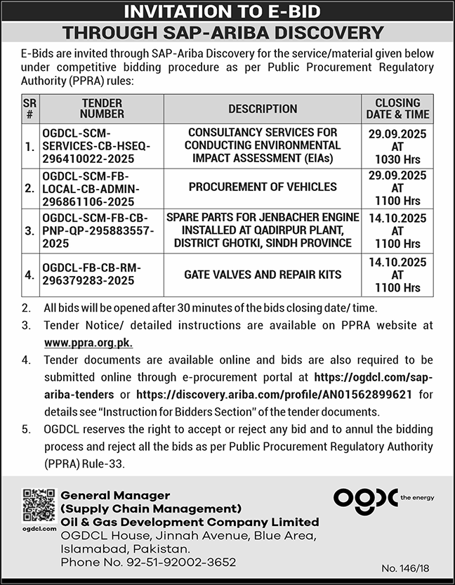 Oil & Gas Development Company Limited Islamabad Tender Notice